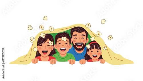 Family Fun Under Blanket: A heartwarming scene unfolds as a family of four, smiles and laughter fill the air as they gather under a cozy blanket, enjoying quality time.