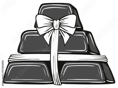 Stack of Gift-Wrapped Silver Bars with White Ribbon and Bow Illustration