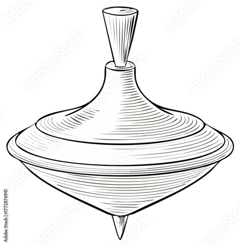 Whirligig Top Illustration. Classic wooden toy graphic in a black and white sketch style.