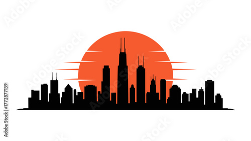 City Skyline Silhouette: A striking silhouette of a cityscape against a warm orange sun. This graphic encapsulates the essence of urban life and architectural grandeur.