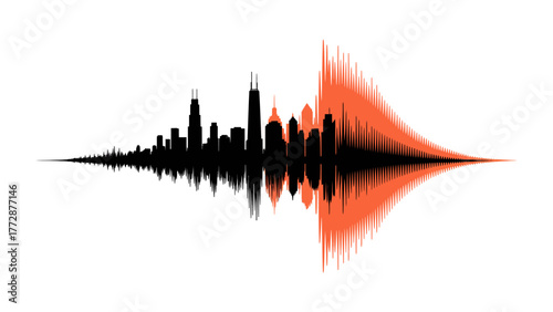 Cityscape Symphony: A striking representation of an urban skyline transforms into an audio waveform, merging the visual and auditory realms.