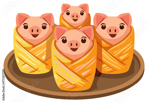 Four Cute Piglets Wrapped in Yellow Swaddling Clothes on a Tray