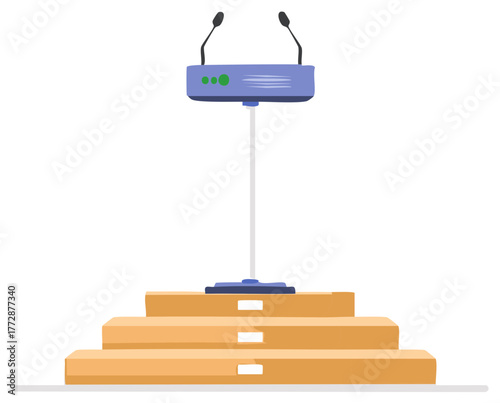 Empty podium with microphones and steps for speaker platform presentation