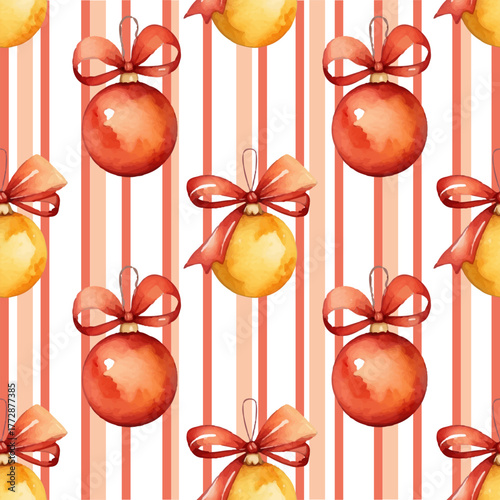 New Year striped pattern, texture of red and gold balls, bows, ribbons, for fabric, notebooks, gifts, isolated on white background. Vector.