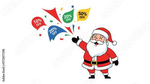 Festive Savings: Santa Claus joyfully launches a shower of sale offers and discount, offering delightful deals to customers during the holiday season.