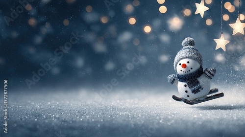 Wallpaper Mural Snowman with Hat and Scarf Sliding on Snow with Stars Background Torontodigital.ca