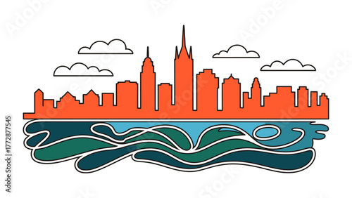 Urban Silhouette: An abstract representation of a vibrant cityscape, showcasing the architectural silhouettes set against the flowing water and sky.