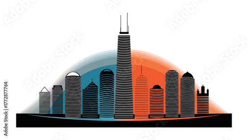 Urban Skyline Silhouette: A striking silhouette of a modern city skyline, featuring a collection of towering skyscrapers against a vibrant, dynamic sky.