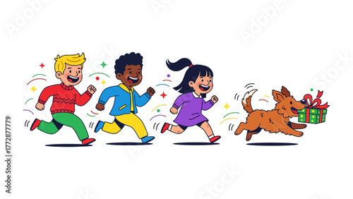 Playful Chase: A vibrant illustration depicts a group of children exuberantly chasing a cheerful dog carrying a wrapped gift, full of excitement and joy.