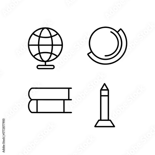 Globe books and monument icons on transparent background