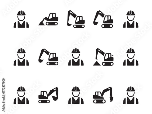 Construction Worker and Machines Icon Set: A comprehensive collection of construction worker icons accompanied by excavator machine symbols.