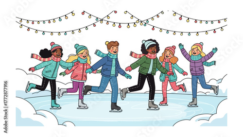 Ice Skating Fun: A cheerful group of friends enjoys a winter day, skating joyfully on ice. Decorated with festive lights, capturing the spirit of winter fun. 