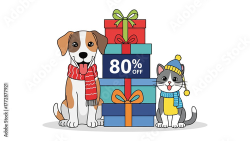 Festive Furry Friends: A charming illustration featuring a dog and cat adorned with winter accessories, presented with a stack of gift boxes offering an 80% OFF sale, perfect for holiday promotions.