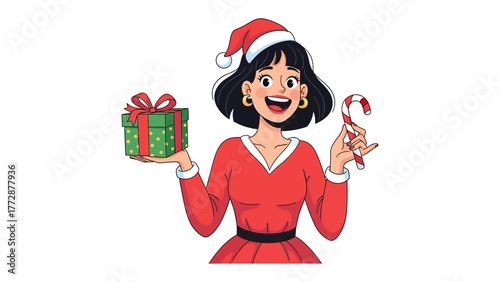 Holiday Cheer in Red: A joyful person, adorned in a festive red outfit and a classic Santa hat, radiates the season's warmth while holding a wrapped gift and a candy cane.