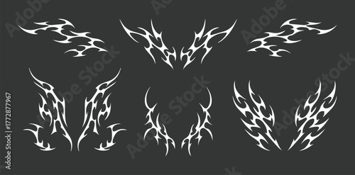 Set y2k neo tribal sigilism tatto pack. Flame shape in liquid mercury. abstract neo tribal cyber sigil gothic melted modern burn form, design element. 2d vector illustration