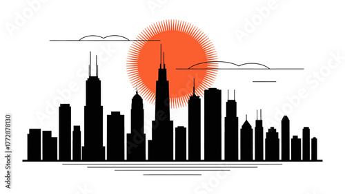 Chicago Skyline Silhouette at Sunset: An evocative silhouette of the Chicago skyline, featuring its iconic skyscrapers against a vivid sunset sky.