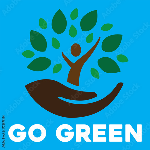 Go Green logo with hand holding a tree and human figure symbolizing nature care, sustainability, and eco-friendly living. Perfect for environmental, ecology, and green campaign designs