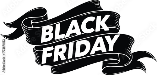 Bold black ribbon announces Black Friday savings, attracting eager shoppers for huge deals high-resolution vector graphic for design use