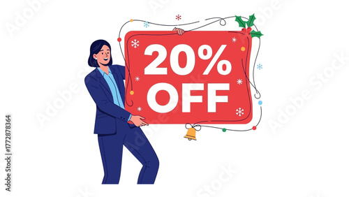 Holiday Discount Announcement: A smartly dressed individual proudly showcases a vibrant sign, heralding an irresistible 20% discount against a festive backdrop adorned with delicate decorations.
