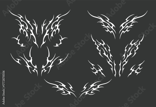 Neo tribal vector art pack. Y2k cyber sigil aesthetic tattoo, simmetric ethnic celtic shape. Vector illustration of emo gothic tribal tattoo designs, acid metal music poster