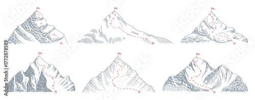 Mountain peak route hand drawn sketch with climbing path, red flag on top, vector illustration representing achievement, goal reaching, adventure, and success concept