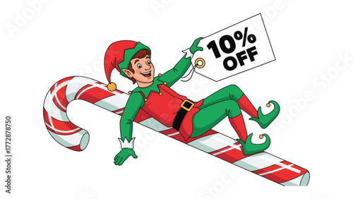 Festive Deal: A cheerful elf, perched on a candy cane, gleefully promotes a 10% discount, embodying the spirit of the holiday season and enticing shoppers with a special offer.