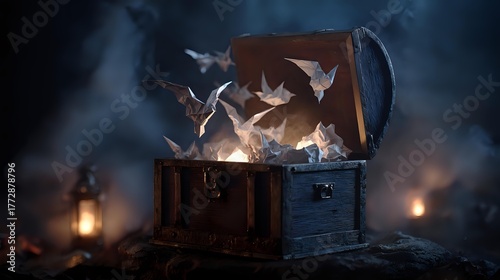 Halloween attic chest opening with paper creatures emerging into lantern glow smoky gray dust deep indigo light candlelight gold radiance focused fantasy realism