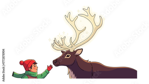 Friendship's Embrace: A heartwarming illustration captures a tender moment as a child reaches out to a majestic reindeer, a celebration of companionship and seasonal joy.