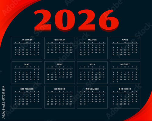 Dark Themed 2026 Yearly Calendar Design with Red and Black Abstract Background
