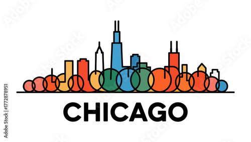 Chicago Skyline: A modern, colorful depiction of the iconic Chicago skyline, rendered in bold lines and vibrant hues.