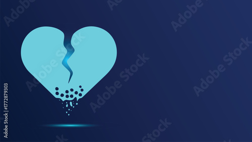Abstract Cyan Broken Heart Concept Melting on Dark Blue Background, Representing Heartbreak, Loss, and Emotional Pain