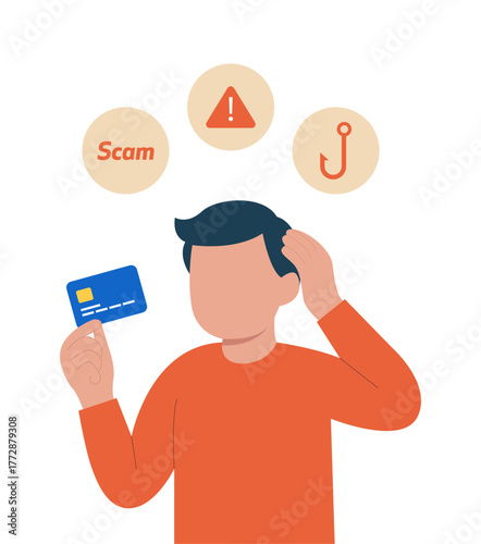 Man confused holding credit card with scam, warning and phishing icons. Online fraud prevention, financial security and cyber safety concept.