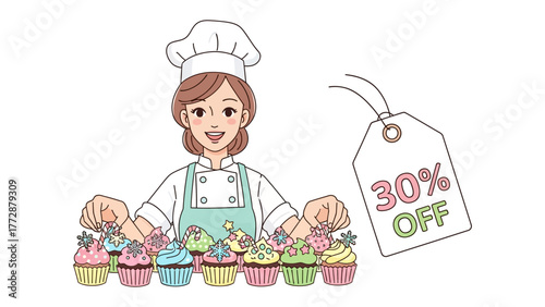 Cupcake Chef's Delight: A culinary artisan, adorned in a chef's hat and apron, presents an array of exquisitely decorated cupcakes, accompanied by a tempting 30% off tag.