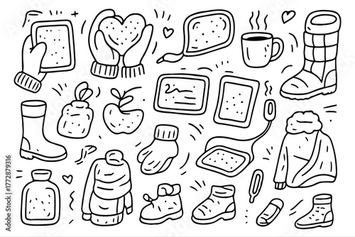 Hand-drawn doodle vector set of hand warmers and heating pads, designed in a cozy sketchy style, isolated on white background

