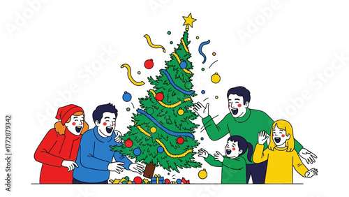 Holiday Festivities: A family joyfully decorates a Christmas tree, radiating warmth and creating a memorable festive scene.