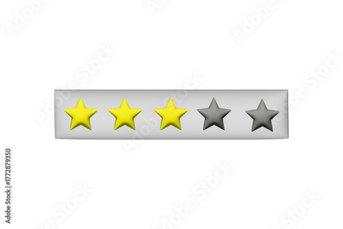 Three yellow stars rating panel on light background – average review score bar for feedback and ranking systems. Balanced satisfaction scale – 3D glossy design for neutral feedback representation