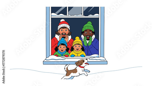 Winter Family: A heartwarming scene unfolds as a family gazes out a window at a playful dog frolicking in the snowy landscape. Captured the joyful interaction and sense of belonging.