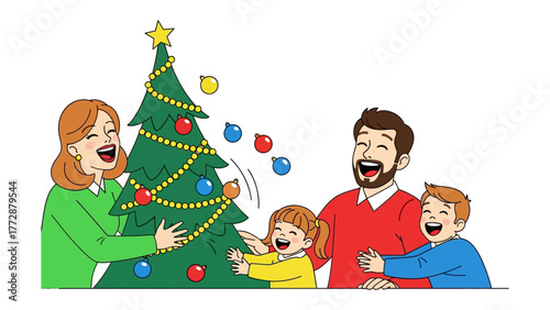 Family joy in Christmas: A joyous family decorates a vibrant Christmas tree with colorful ornaments, creating a heartwarming scene of festive cheer.
