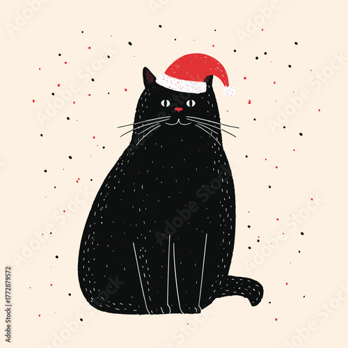 Vector illustration of a black cat sitting with a santa hat on