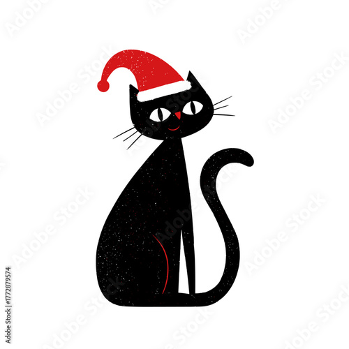 Vector illustration of a black cat sitting with a santa hat on