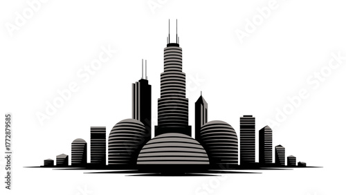 Cityscape Silhouette: A striking silhouette of a modern city skyline. Featuring an array of contemporary buildings, the scene is a stark yet elegant portrayal of urban architecture. 