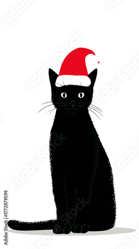 Vector illustration of a black cat sitting with a santa hat on
