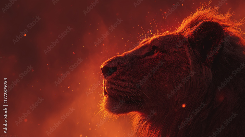 Naklejka premium Majestic lion surrounded by blazing flames — powerful fantasy concept symbolizing strength, courage, leadership, and energy. Perfect for motivational posters, album covers, or conceptual digital art
