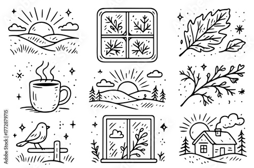 Hand-drawn doodle vector set of morning frost and sunrise doodles, created in a sketchy playful style, isolated on white background
