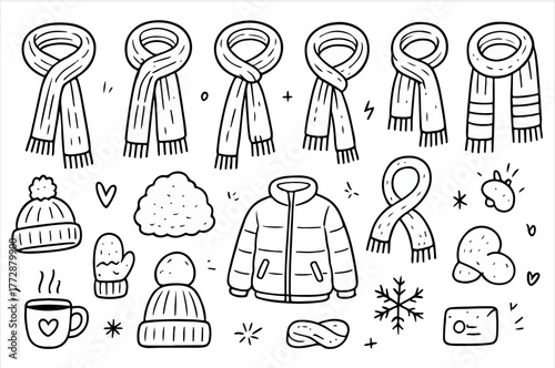 Hand-drawn doodle vector set of scarves and mufflers, created in a fun, cozy
