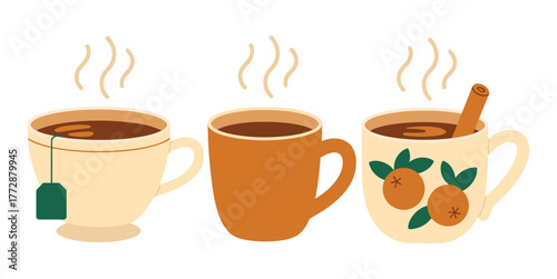 Autumn hot drink scene featuring three mugs in warm tones, seasonal cozy beverage illustration for fall decorations, kitchen design, and seasonal artwork
