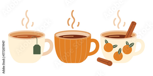 Autumn mugs with hot drinks in warm colors, seasonal beverage illustration perfect for fall design, home decor and cozy lifestyle projects