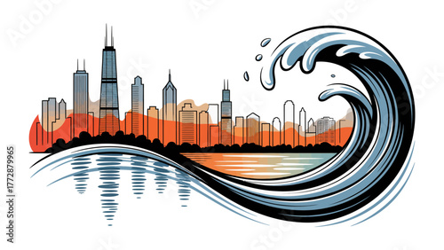 Cityscape and Tsunami: A dynamic illustration depicts the urban silhouette of a city being dramatically consumed by a powerful wave.