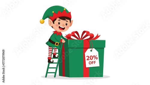  Festive Elf with Gift Box: A cheerful elf, wearing a festive hat, stands beside a large gift box. It's a whimsical scene filled with joy, perfect for holiday greetings and promotional materials.