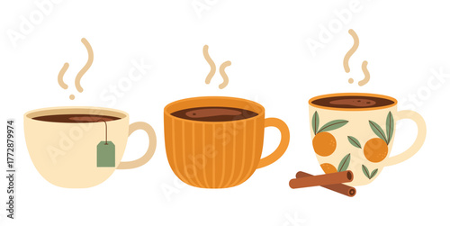 Autumn mugs with hot drinks in warm colors, seasonal beverage illustration perfect for fall design, home decor and cozy lifestyle projects